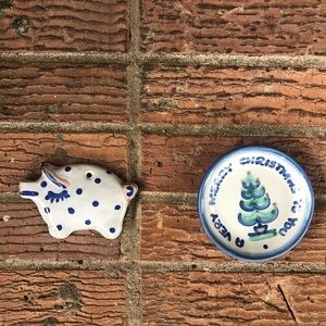 2 Pieces M A Hadley Holiday Pottery Pieces Spotted Pig Ornament & Mini Plate